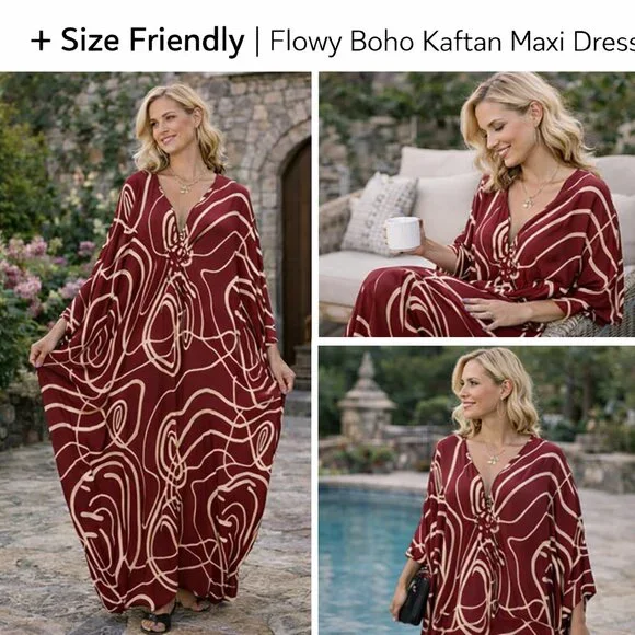 Flowy Boho Kaftan Maxi Dress | One Size | Beach, Lounge & Vacation Ready - Picture 4 of 6